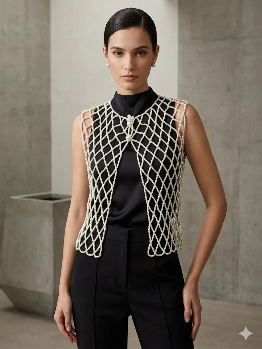 Pearl Lattice Cage Vest – Chic Layering Piece (Size Small)